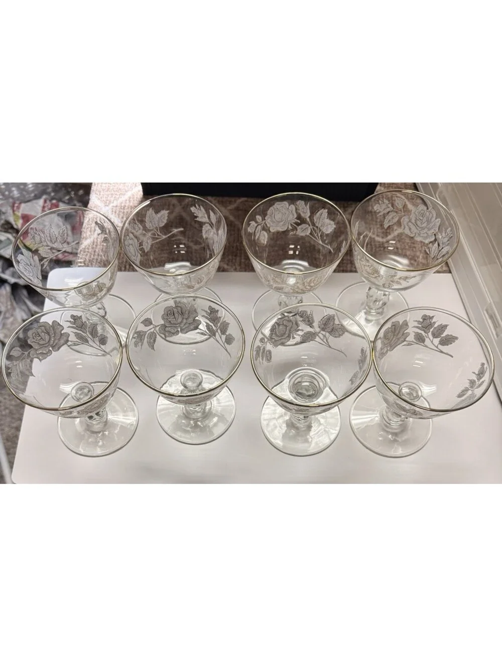 Vintage Libby Rose Set of 8 Clear Champagne Coupe Glasses Etched Gold Rim Floral